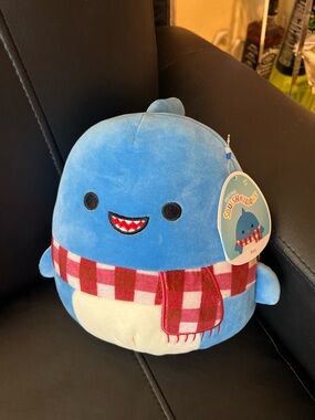 Squishmallows Blue Shark Plush with Red and Pink Plaid Scarf